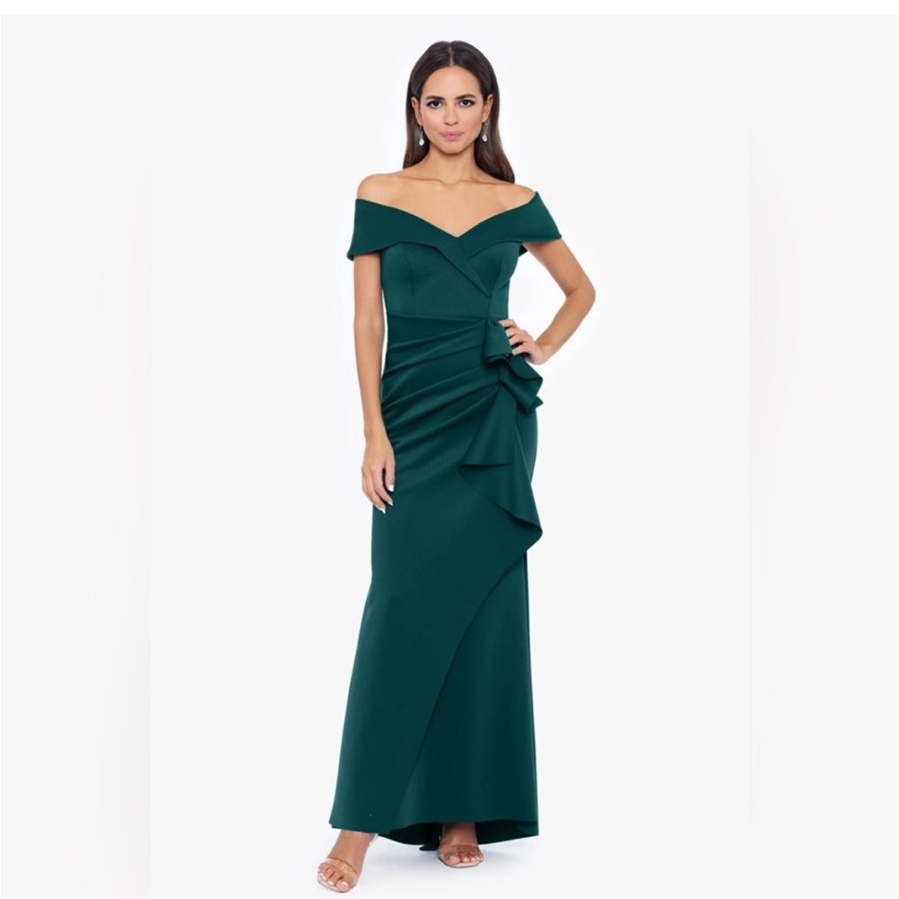 Xscape Emerald Green Off Shoulder Ruffle Scuba Formal Evening Gown NWT SZ 18W